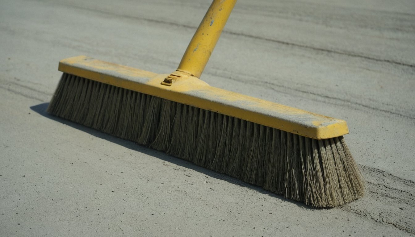 Wide push broom with a yellow handle resting on a gray concrete surface in Fayetteville, NC