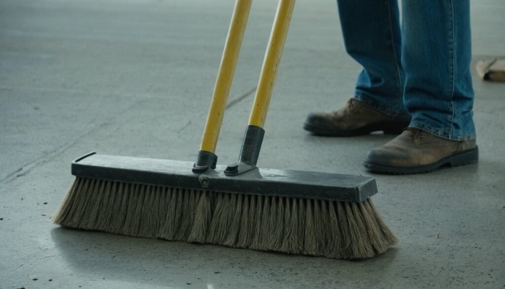 Worker's boots and two brooms on fresh gray concrete in Fayetteville, NC