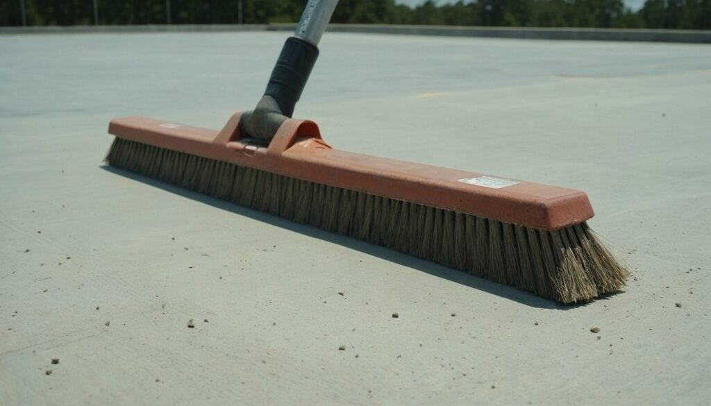 Red push broom lying on a broad gray concrete pad in Fayetteville, NC