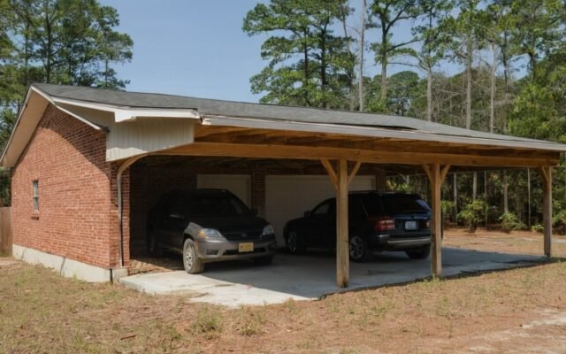 Brick carport with two parked cars beside a house on a graded lot in Fayetteville, NC
