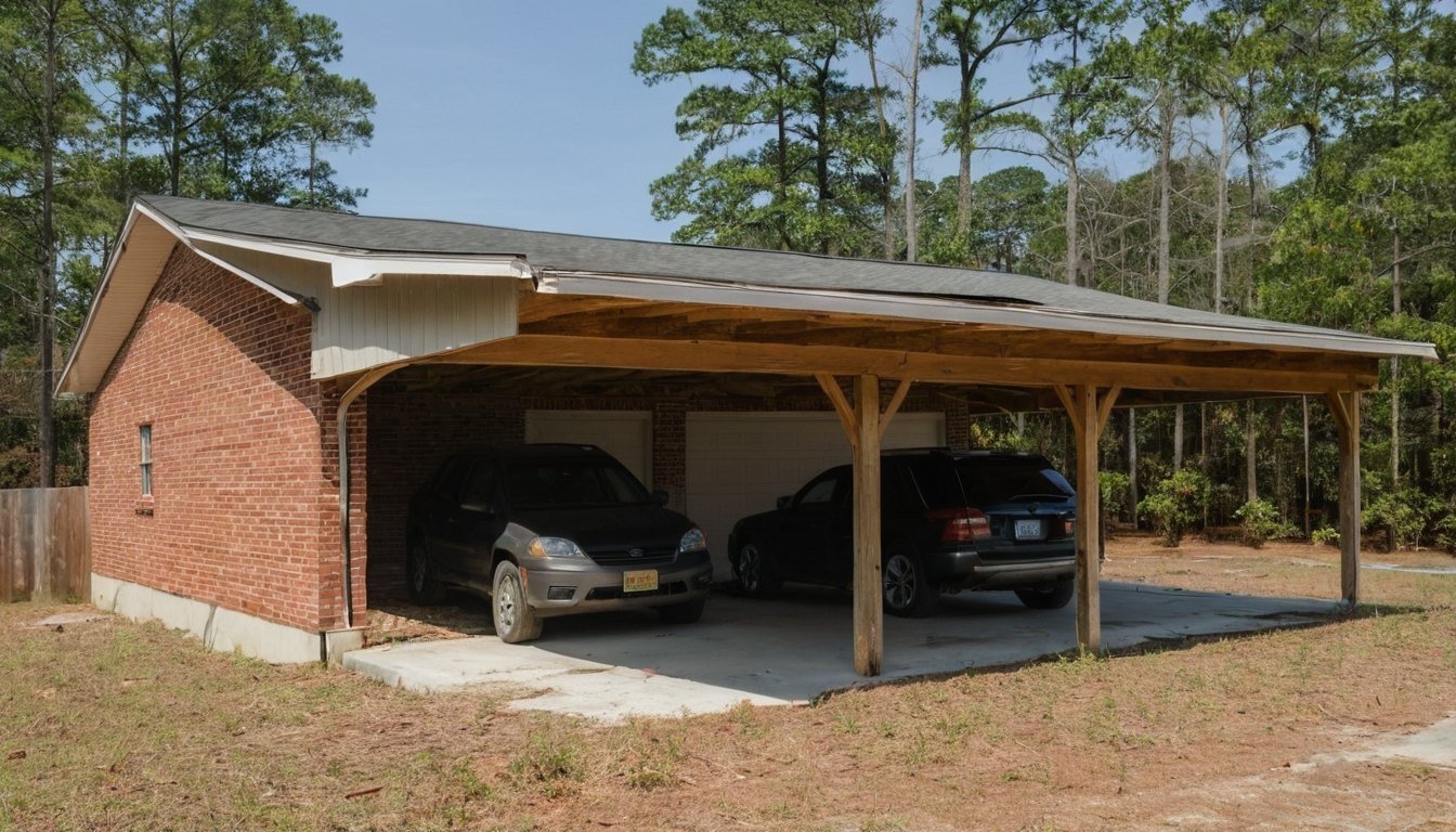 Brick carport with two parked cars beside a house on a graded lot in Fayetteville, NC