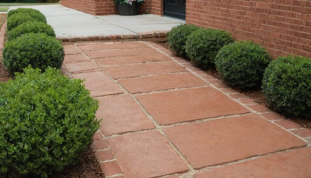Terracotta colored concrete walkway beside green shrubs and a brick wall in Fayetteville, NC