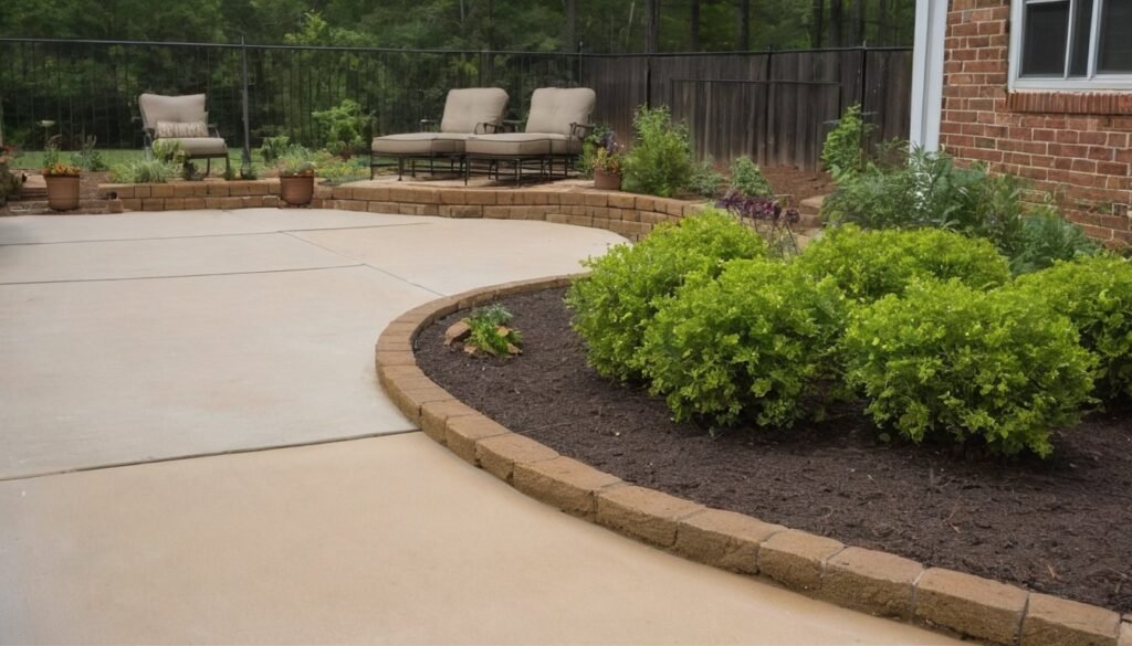 Smooth tan concrete patio with a curved edge beside a brick bordered garden bed and lounge chairs in Fayetteville, NC