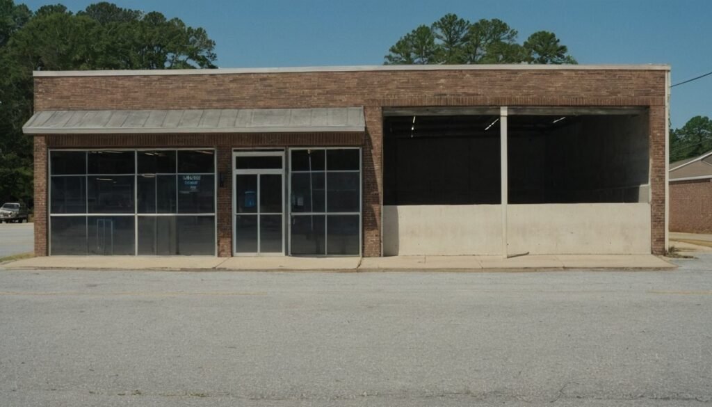 Brick commercial building with a wide concrete pad in front in Fayetteville, NC