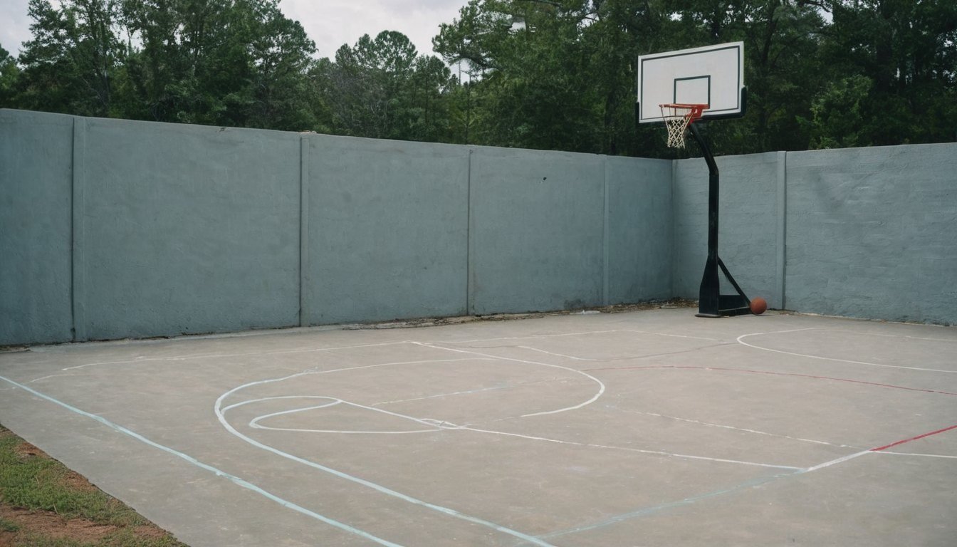 Concrete court with a hoop, tall walls and painted lines surrounded by trees in Fayetteville, NC