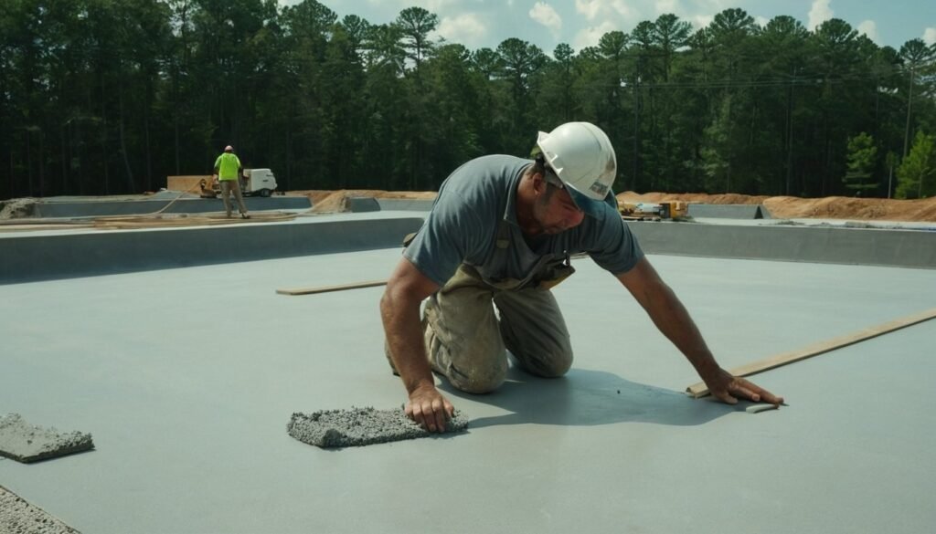 Worker troweling a large concrete sport pad in Fayetteville, NC