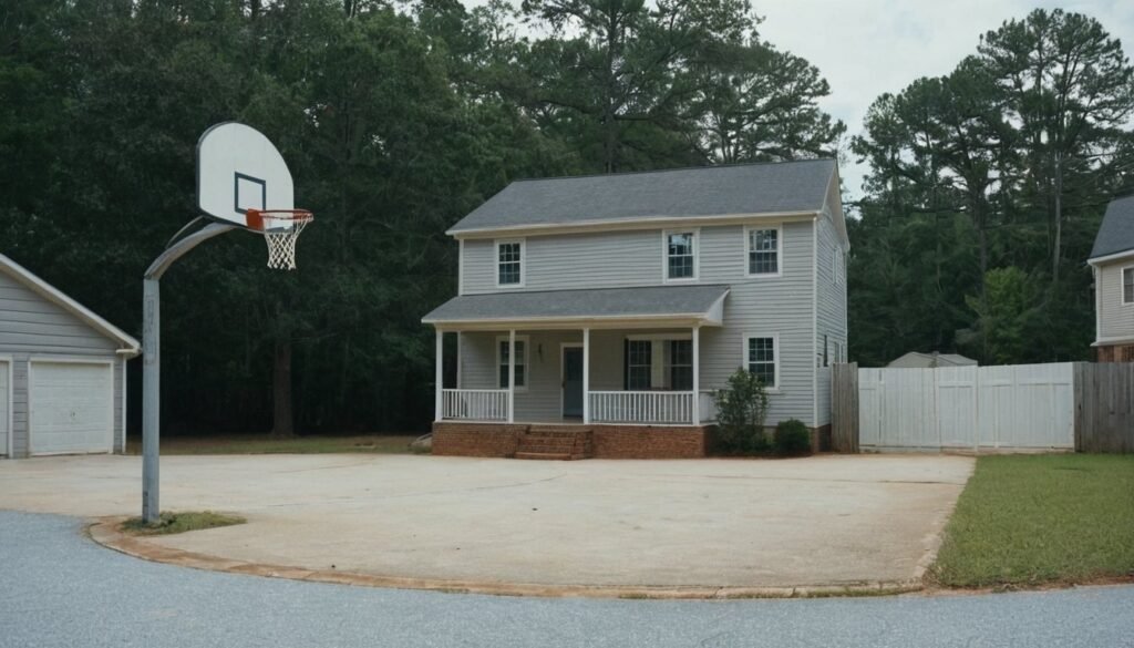 Driveway basketball hoop on a pole beside a two story house in Fayetteville, NC