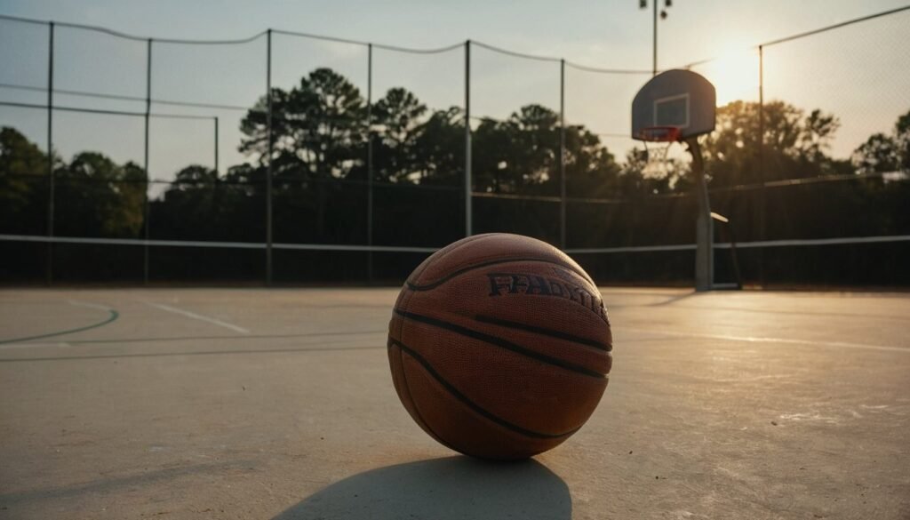 Basketball resting on a court at sunset with a hoop and net behind it in Fayetteville, NC