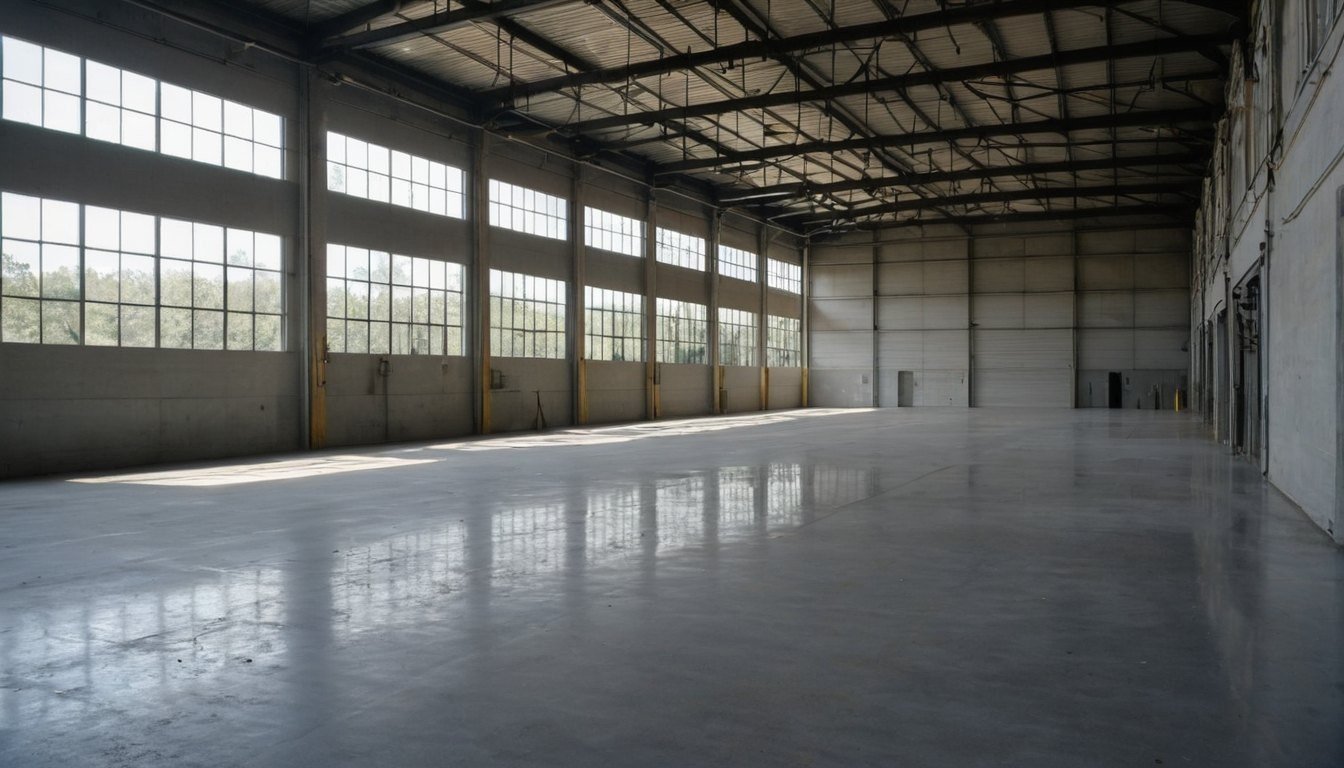 Smooth light gray concrete floor inside a large open metal shop building with sunlight from the doors, empty in Benson, NC