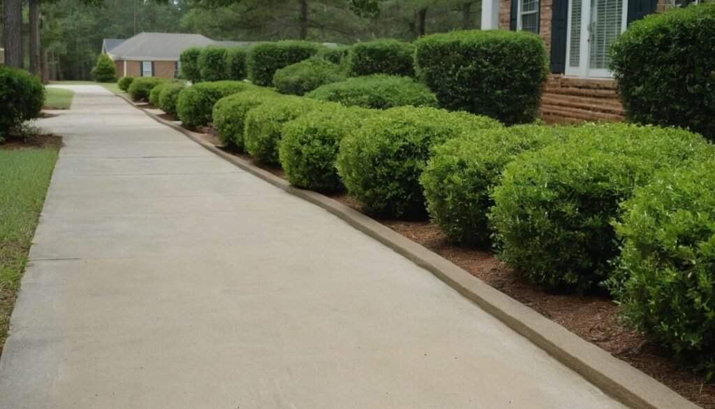 Tan concrete walkway through a front yard garden with green shrubs in Benson, NC