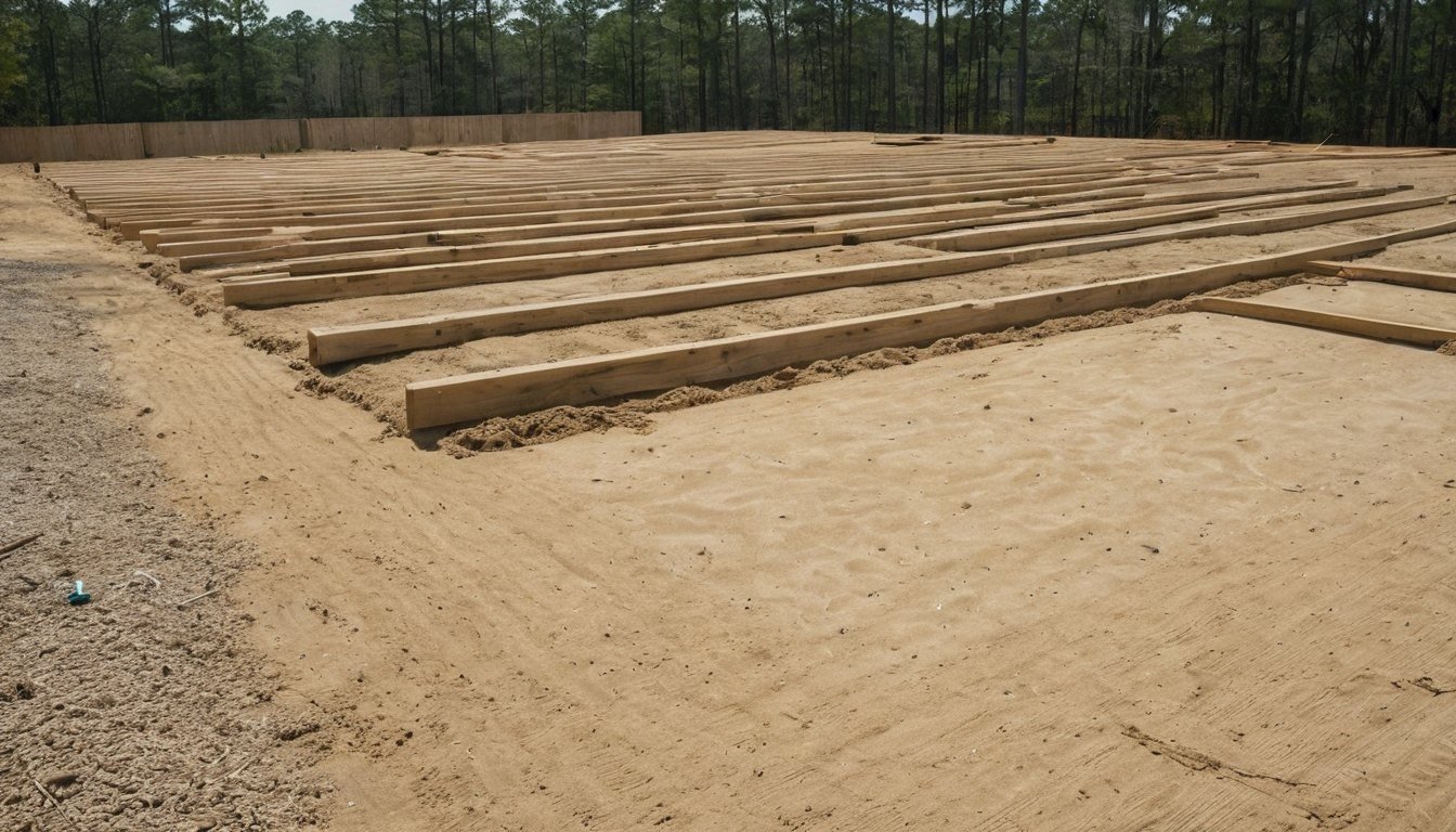 Wooden forms and rebar laid out on sandy soil for a garage slab, empty site in Broadway, NC