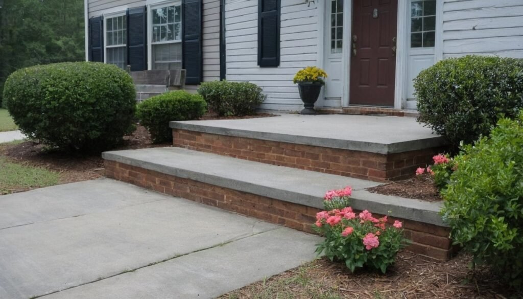 Light gray concrete walkway and front steps at a small town house with a flower bed in Broadway, NC