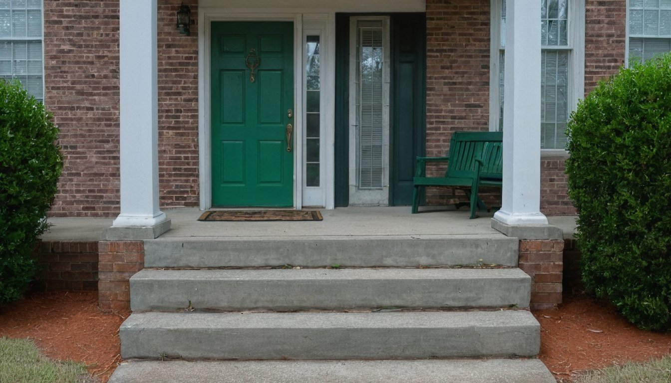 Light gray concrete front steps and landing at a one story brick home with a green door in Bunnlevel, NC
