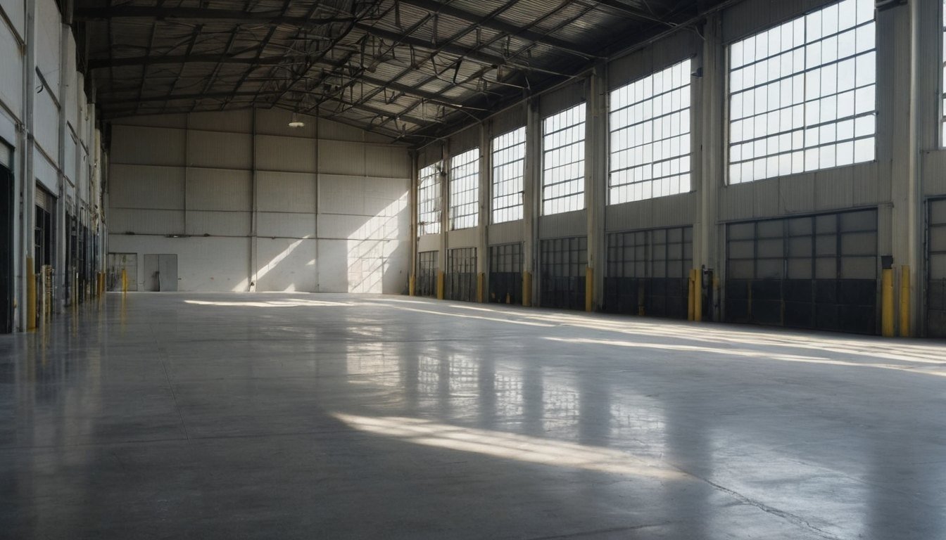 Smooth light gray concrete floor inside a large open metal shop building with sunlight from the doors, empty in Cameron, NC