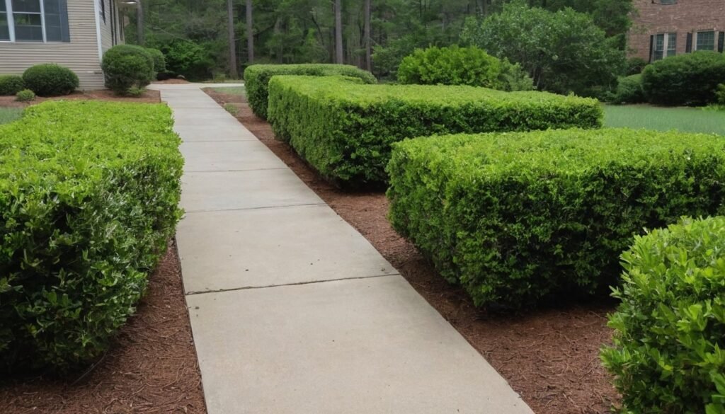 Tan concrete walkway through a front yard garden with green shrubs in Cameron, NC