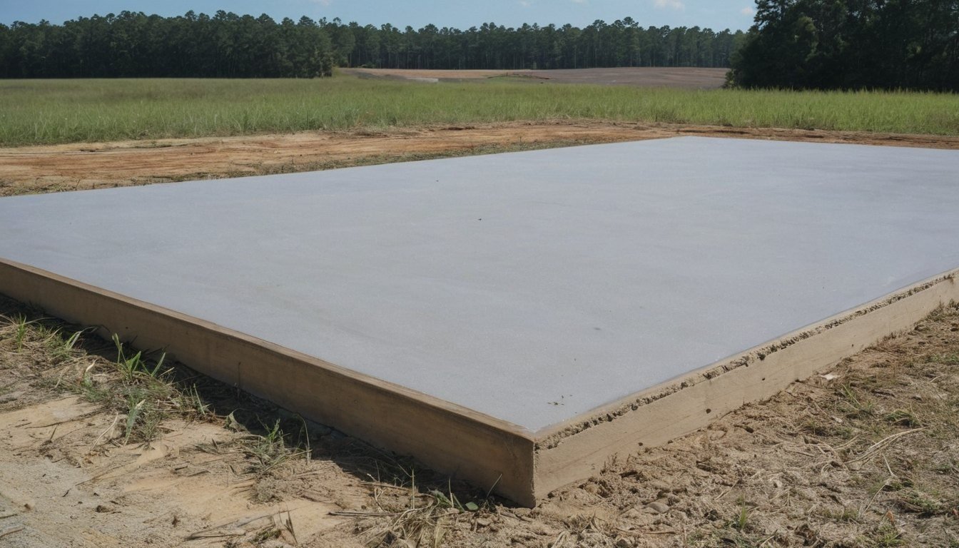 Freshly poured light gray concrete slab with a wooden form edge on a rural lot with a farm field behind it, empty site in Clinton, NC