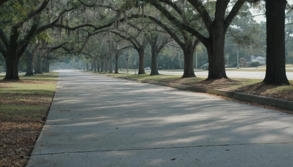 Light gray concrete sidewalk with clean joints beside a quiet small town street under oak trees in Clinton, NC