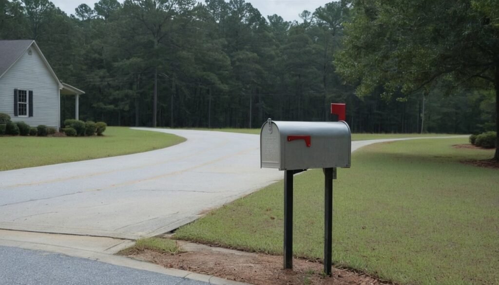 Smooth light gray concrete driveway curving past a mailbox on a country lane, concrete not asphalt in Dunn, NC