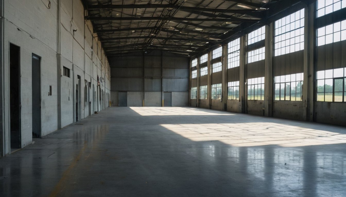 Smooth light gray concrete floor inside a large open metal shop building with sunlight from the doors, empty in Falcon, NC