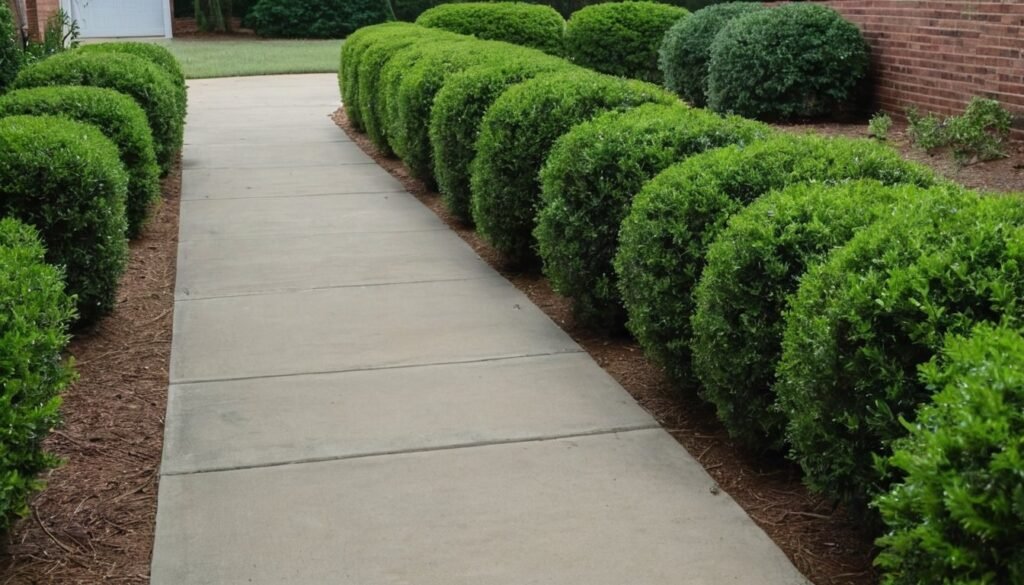 Tan concrete walkway through a front yard garden with green shrubs in Falcon, NC