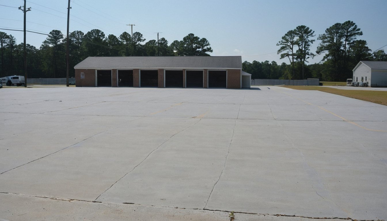 Light gray concrete parking pad behind a small brick shop with clean control joints, concrete not asphalt in Four Oaks, NC
