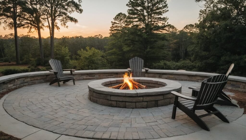 Round light gray concrete patio with an empty stone fire pit and empty chairs at golden hour in Four Oaks, NC