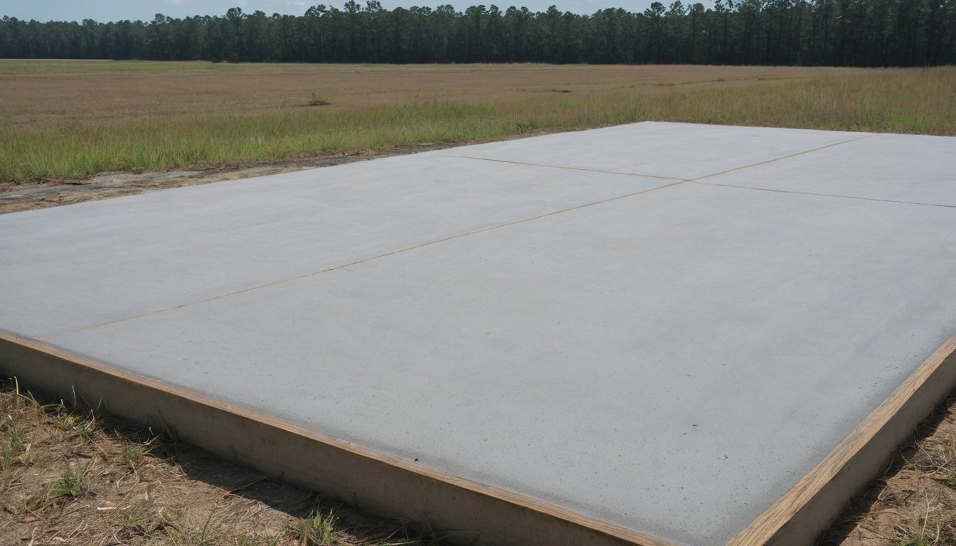 Freshly poured light gray concrete slab with a wooden form edge on a rural lot with a farm field behind it, empty site in Linden, NC
