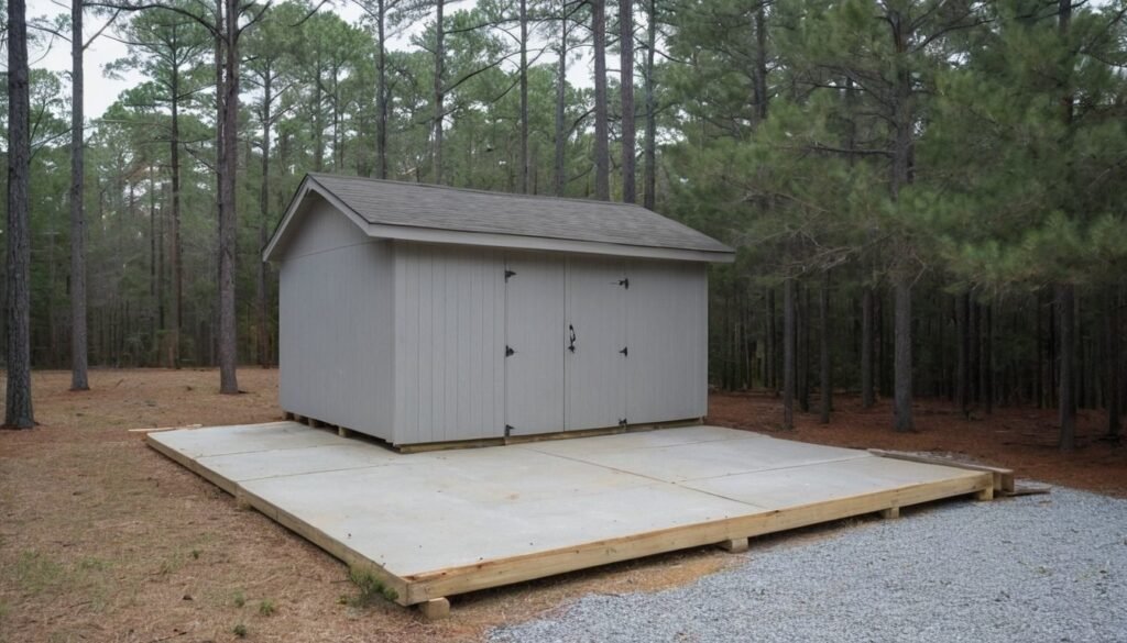 Light gray concrete shed slab with a small wooden shed on it in a backyard with pine trees in Linden, NC