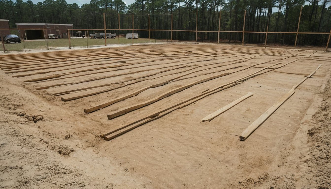 Wooden forms and rebar laid out on sandy soil for a garage slab, empty site in Newton Grove, NC