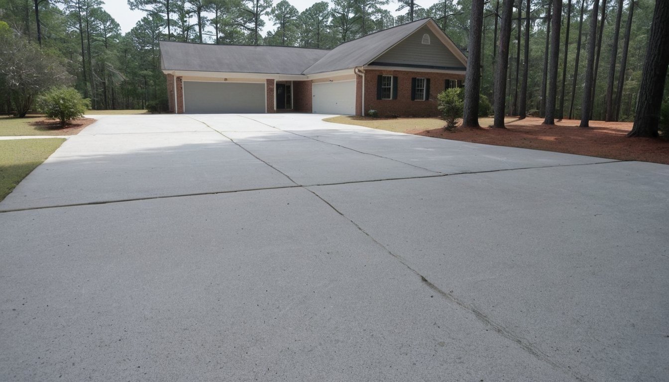 New light gray broom finished concrete driveway beside a brick house with tall pine trees, clean joints, concrete not asphalt in North Fayetteville, NC