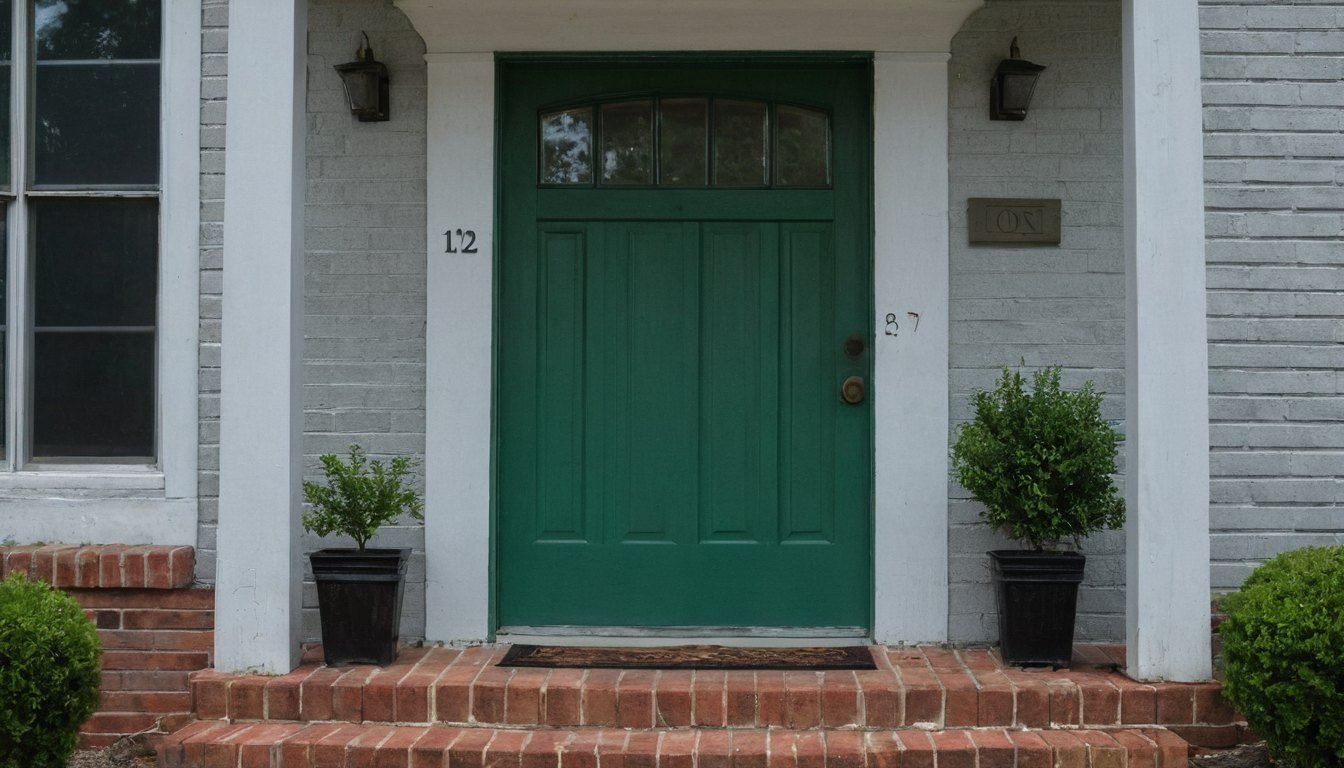 Light gray concrete front steps and landing at a one story brick home with a green door in Roseboro, NC