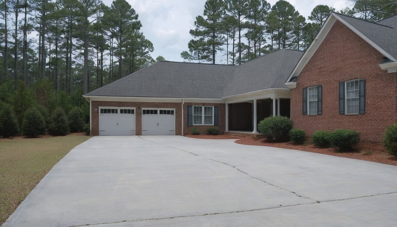 New light gray broom finished concrete driveway beside a brick house with tall pine trees, clean joints, concrete not asphalt in Salemburg, NC