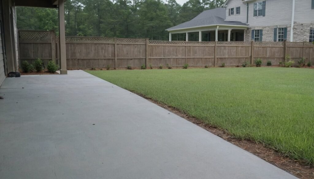 Empty light gray concrete patio behind a country home with a wooden fence and green lawn in Salemburg, NC
