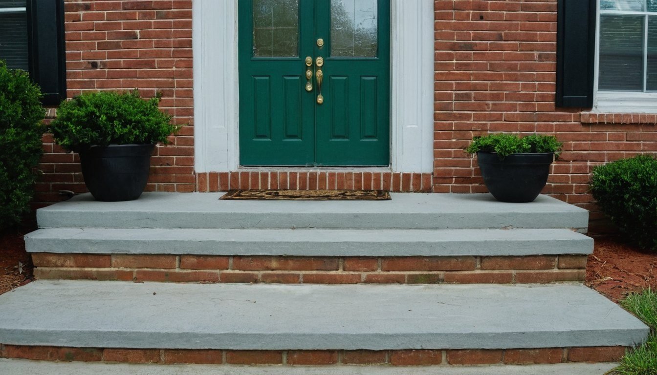 Light gray concrete front steps and landing at a one story brick home with a green door in Wade, NC