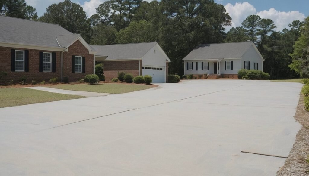 New light gray concrete driveway and sidewalk at the front of a ranch house on a sunny day in Wade, NC