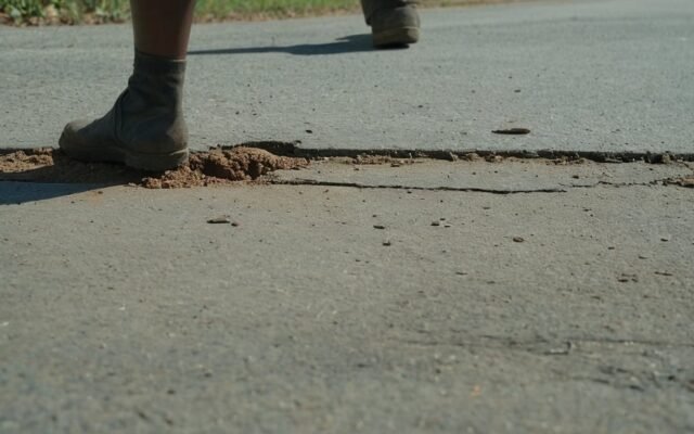 Cracked gray concrete surface with a worker's boot at the edge in Fayetteville, NC