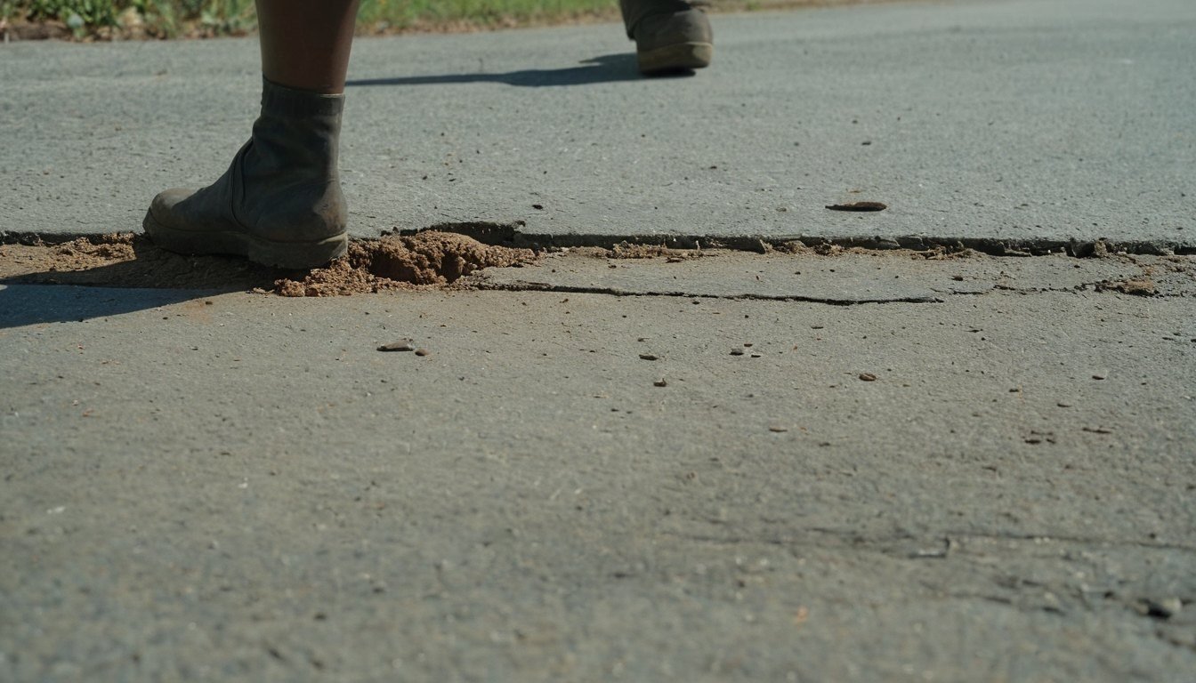 Cracked gray concrete surface with a worker's boot at the edge in Fayetteville, NC