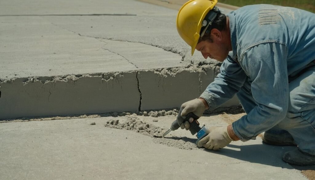 Worker in a hard hat filling a crack in a concrete slab with a hand tool in Fayetteville, NC