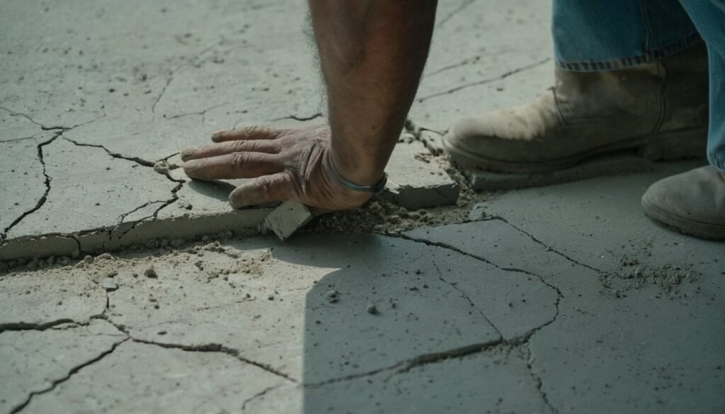 Hand pressing patch material into a web of cracks in concrete in Fayetteville, NC