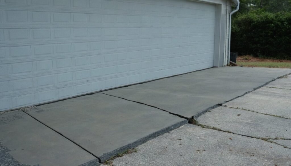 Cracked concrete driveway slab beside a white garage door in Fayetteville, NC