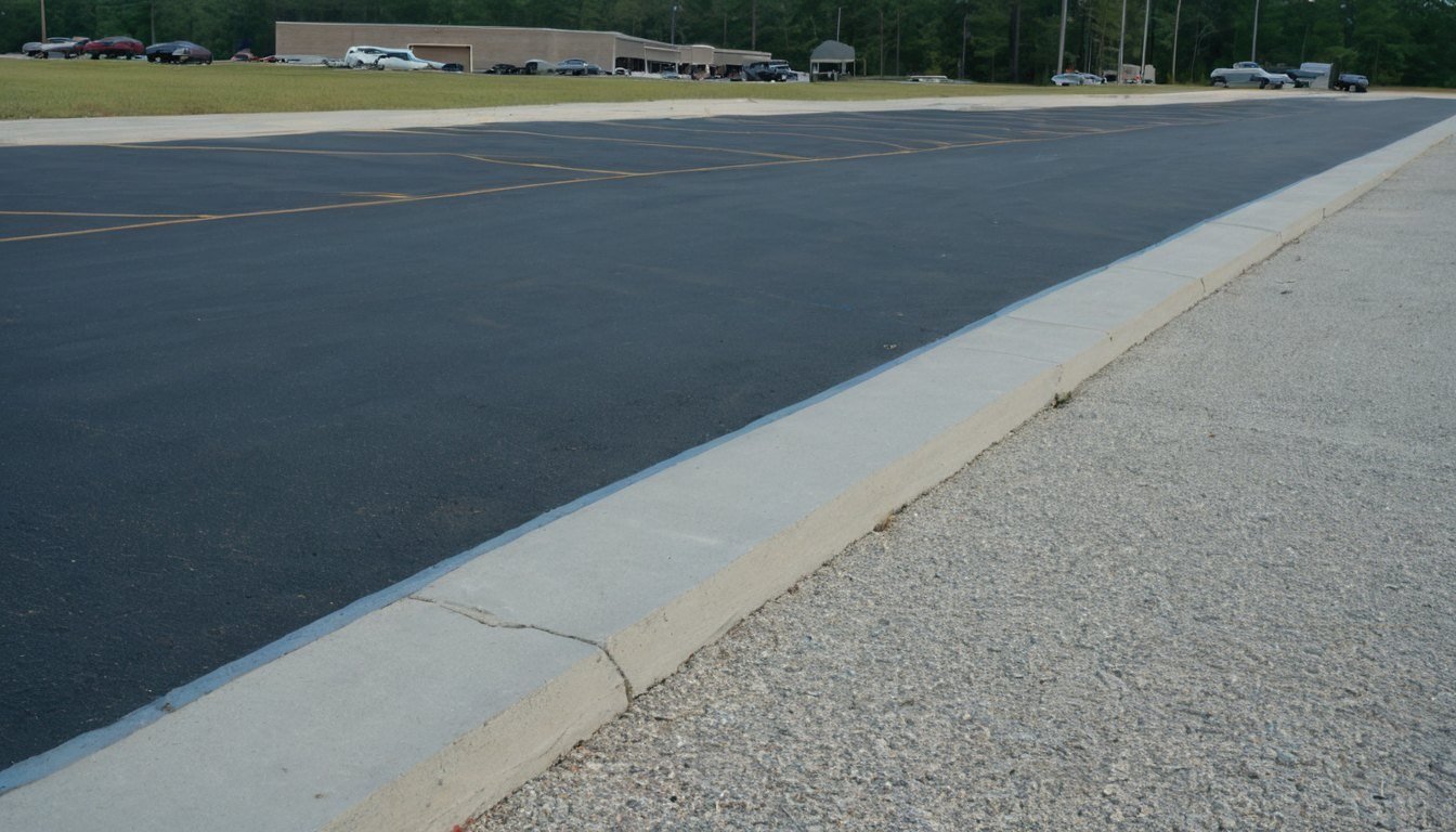 Light colored concrete curb along a new asphalt road in Fayetteville, NC