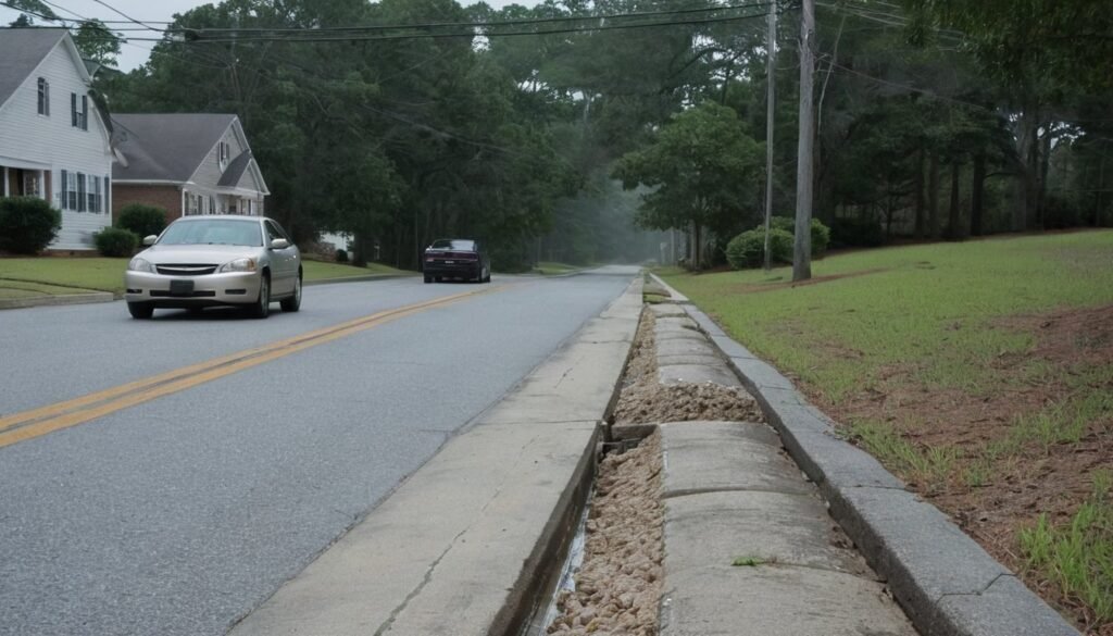 Concrete curb and gutter along a residential street with a car and houses in Fayetteville, NC