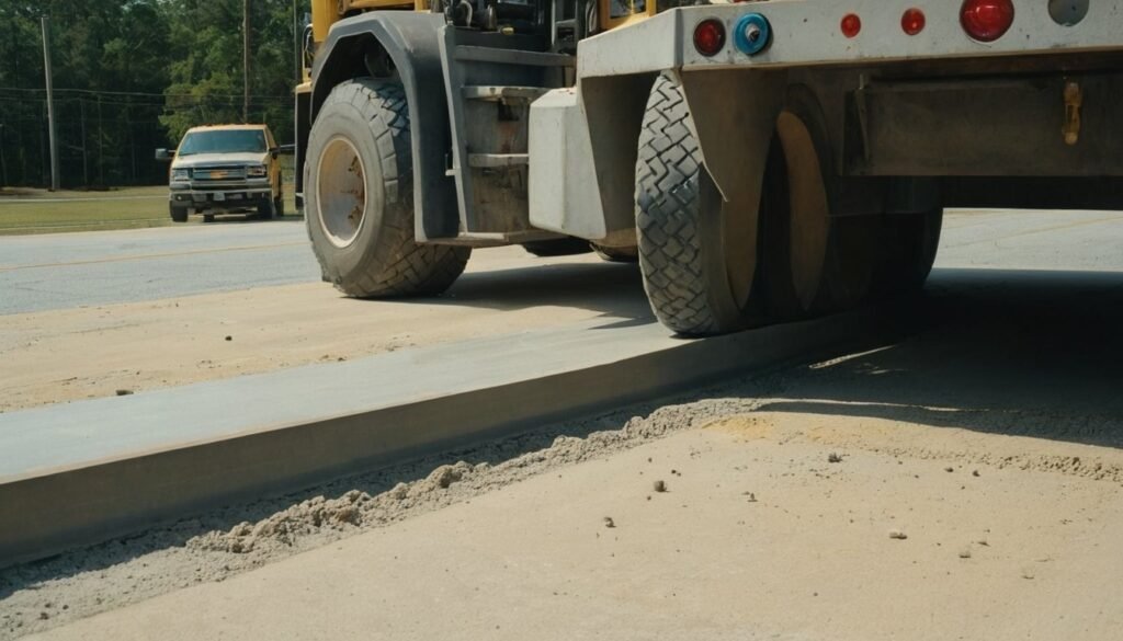 Wheel loader beside a freshly formed concrete curb in Fayetteville, NC