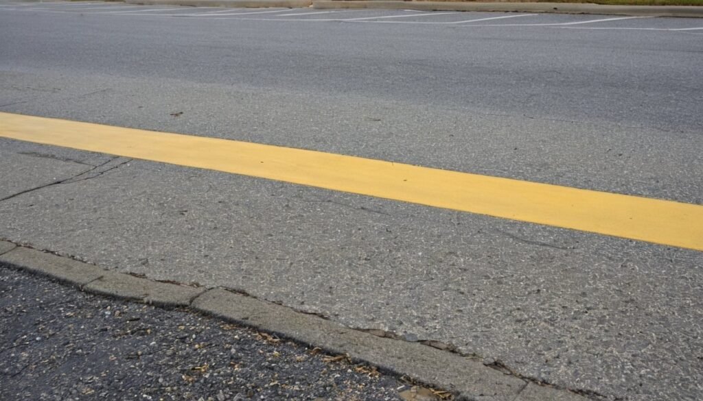 Painted yellow line beside a concrete curb at a parking area in Fayetteville, NC