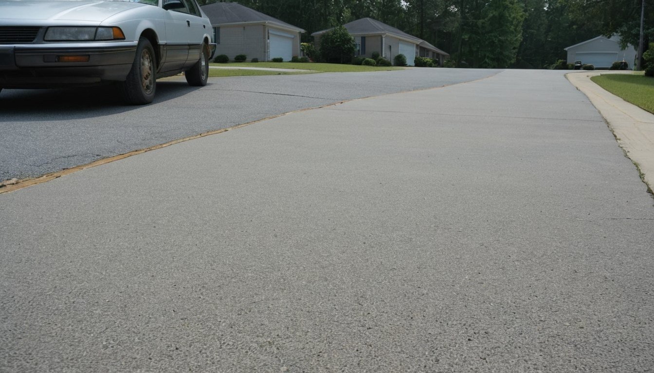 Concrete driveway apron meeting a paved road beside a pine lined lot in Fayetteville, NC
