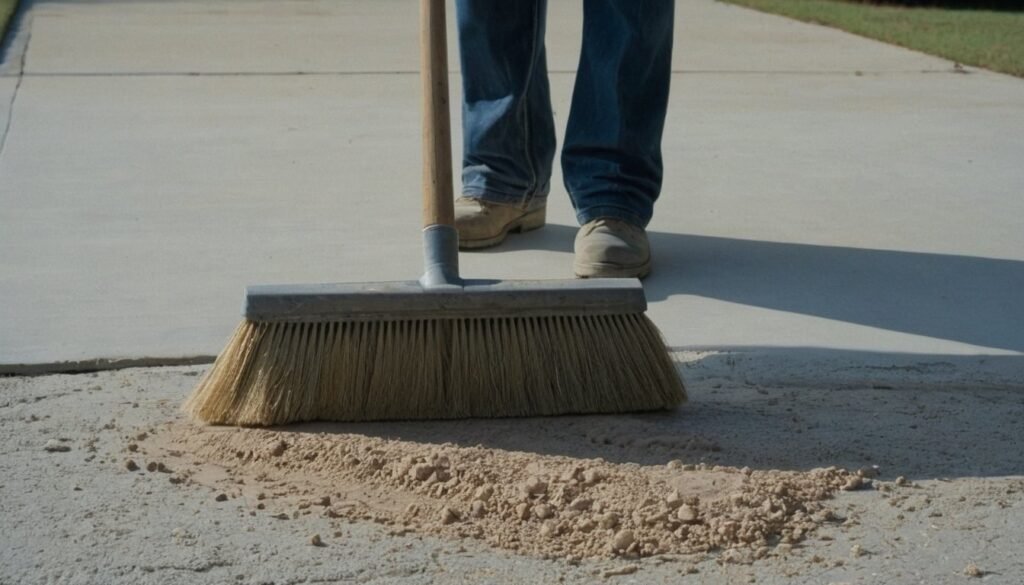 Broom and work boots beside sandy debris on a pale concrete driveway apron in Fayetteville, NC