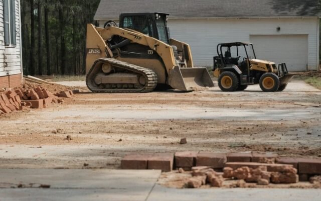 Skid steer and a utility vehicle on a driveway with broken bricks and old concrete beside a house in Fayetteville, NC