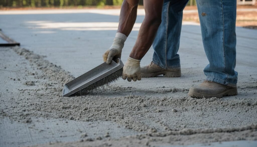 Worker spreading fresh concrete with a hand tool in a driveway form in Fayetteville, NC