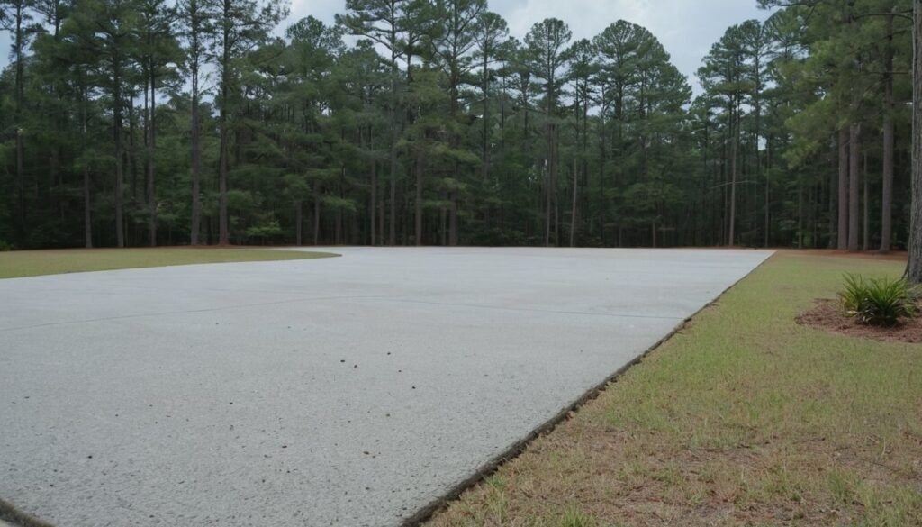 Wide light gray concrete driveway pad beside pine woods and a lawn in Fayetteville, NC
