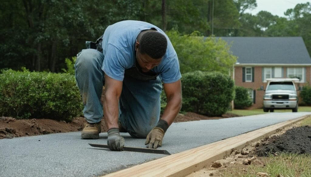 Worker setting a wooden form and finishing the edge of a driveway extension in Fayetteville, NC